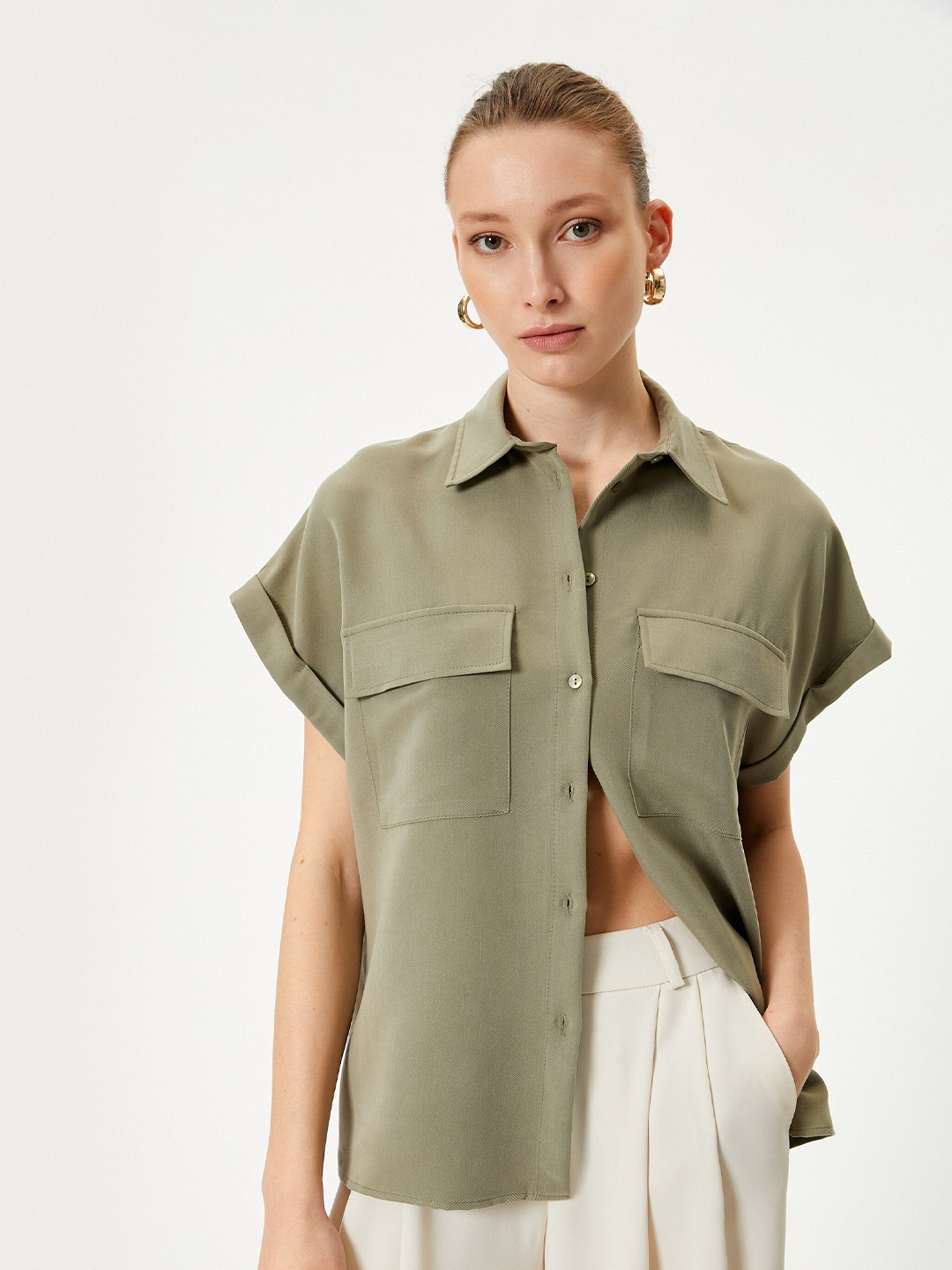 

Koton Spread Collar Extended Sleeves Casual Shirt, Khaki