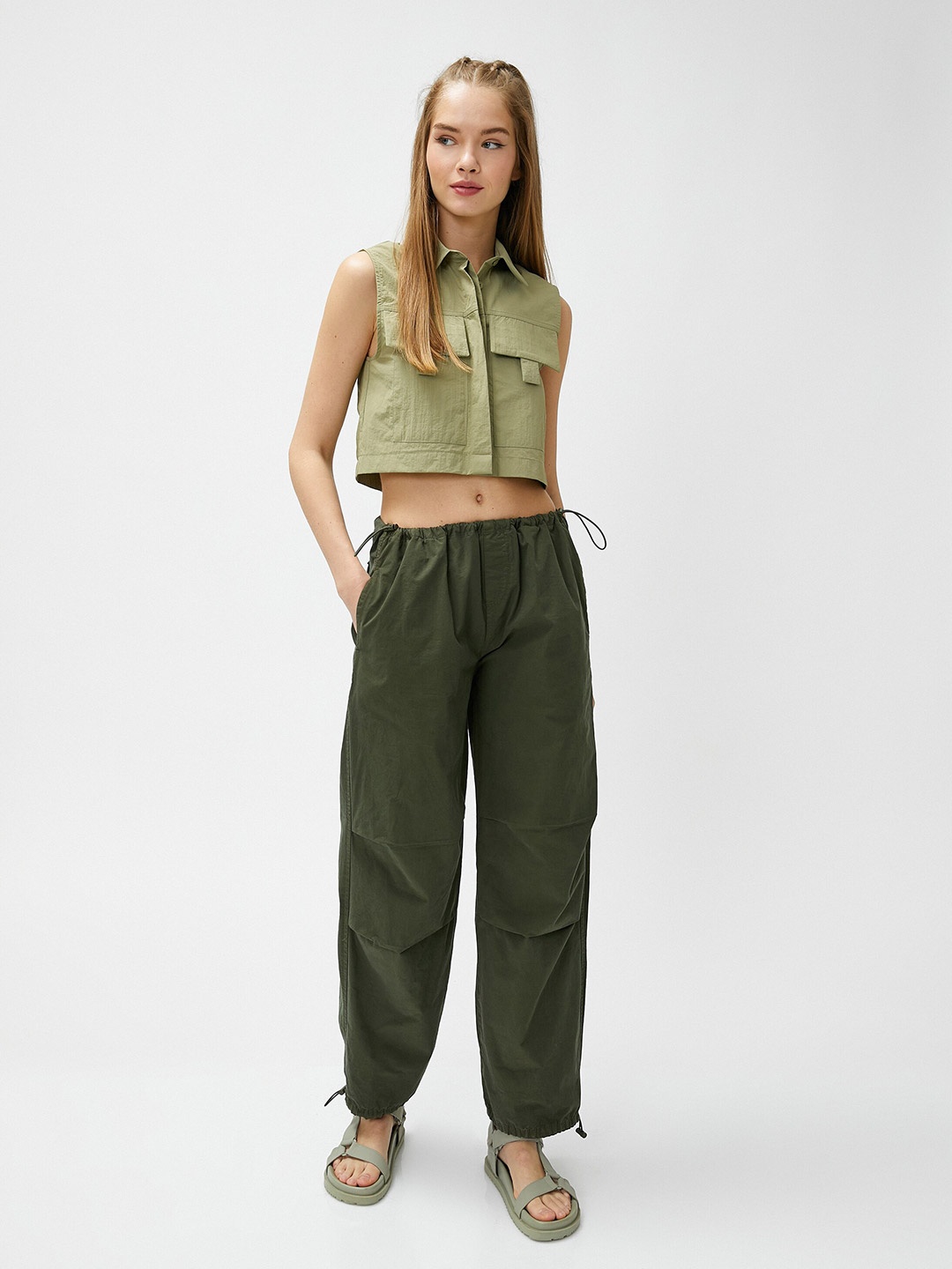 

Koton Spread Collar Casual Crop Shirt, Green