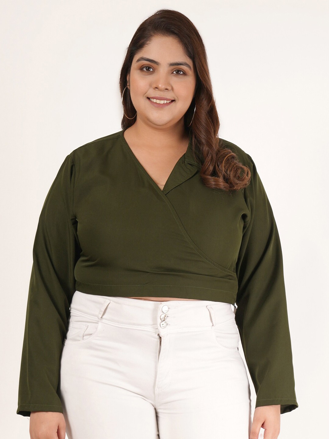 

Flambeur Plus Size V-Neck Long Sleeves Wrap Crop Top, Olive