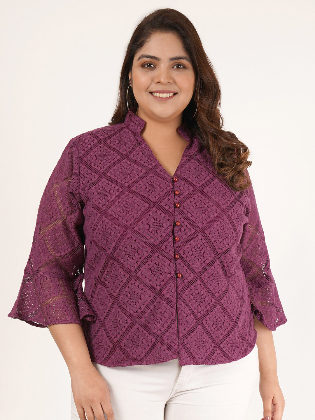 

Flambeur Checked Mandarin Collar Flared Sleeve Net Shirt Style Top, Pink