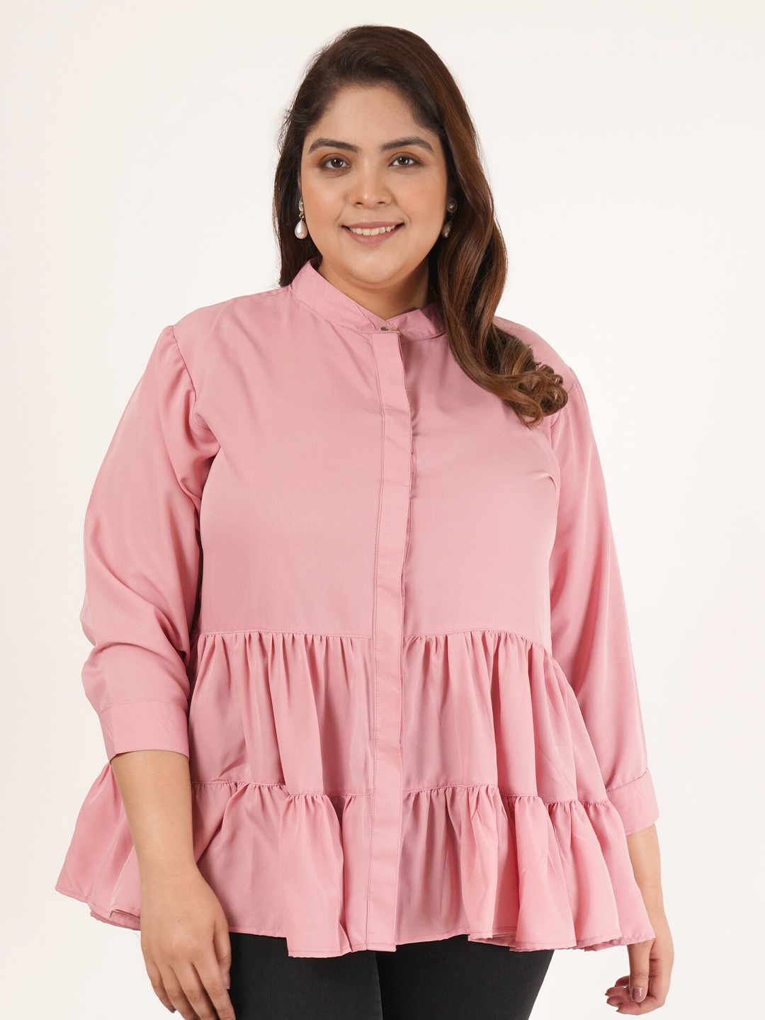 

Flambeur Plus Size Band Collar Cotton Crepe Tiered Top, Pink