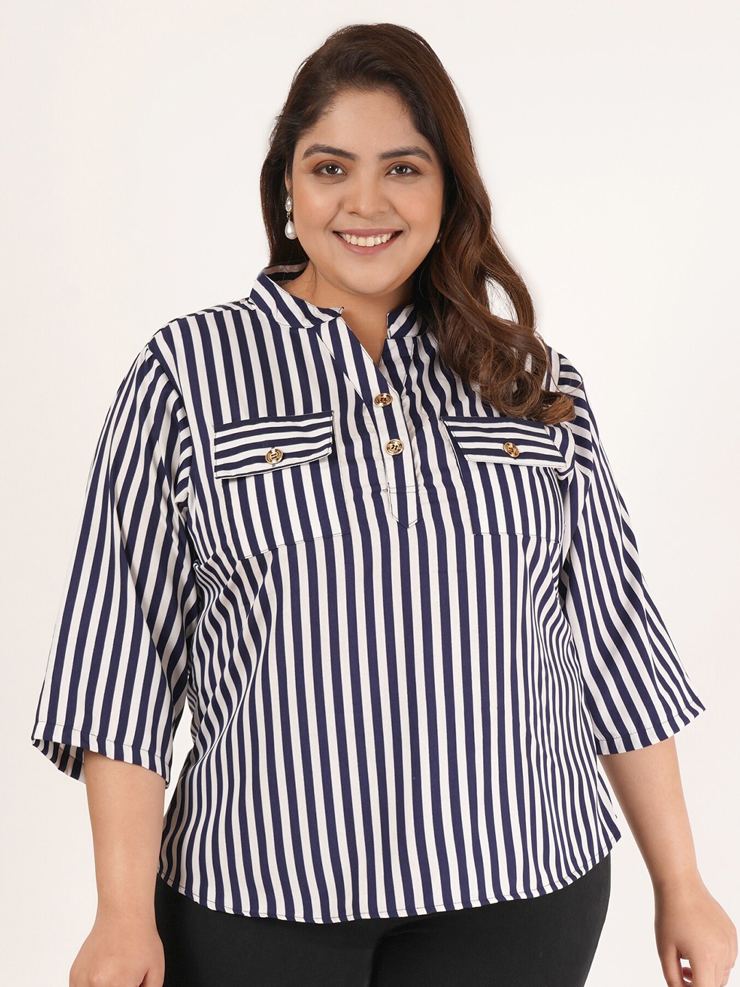 

Flambeur Plus Size Striped Mandarin Collar Cotton Top, Black