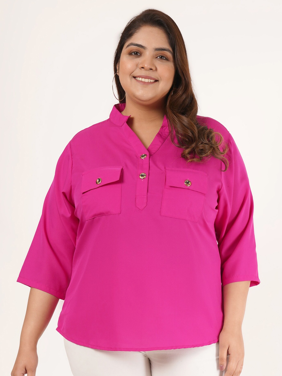 

Flambeur Plus Size Mandarin Collar Cotton Crepe Top, Pink
