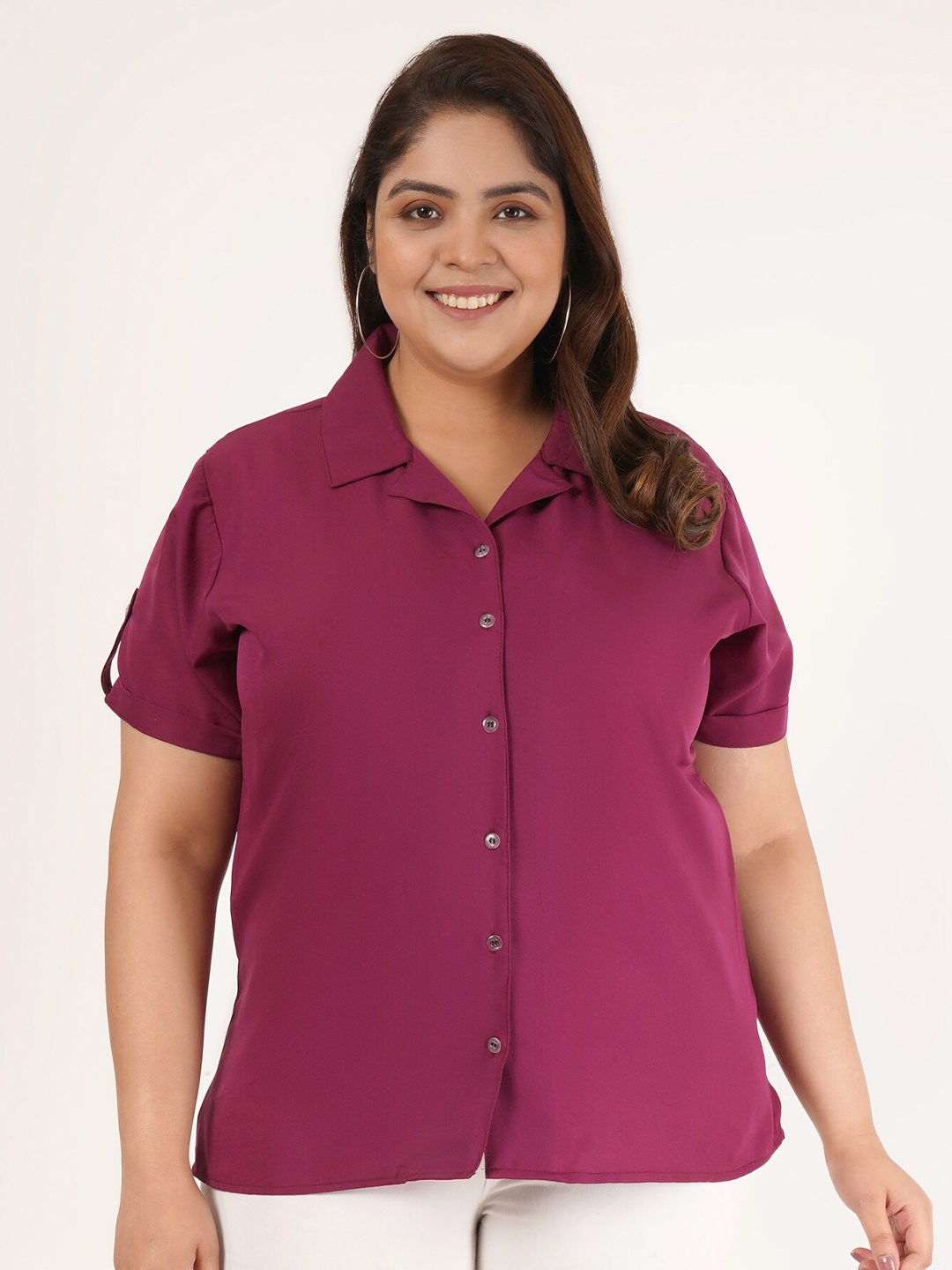 

Flambeur Plus Size Roll-Up Sleeves Cotton Crepe Shirt Style Top, Maroon
