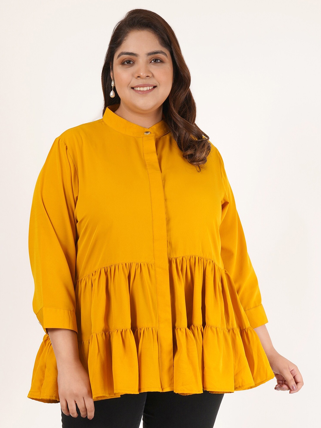 

Flambeur Mandarin Collar Cotton Crepe Top, Mustard