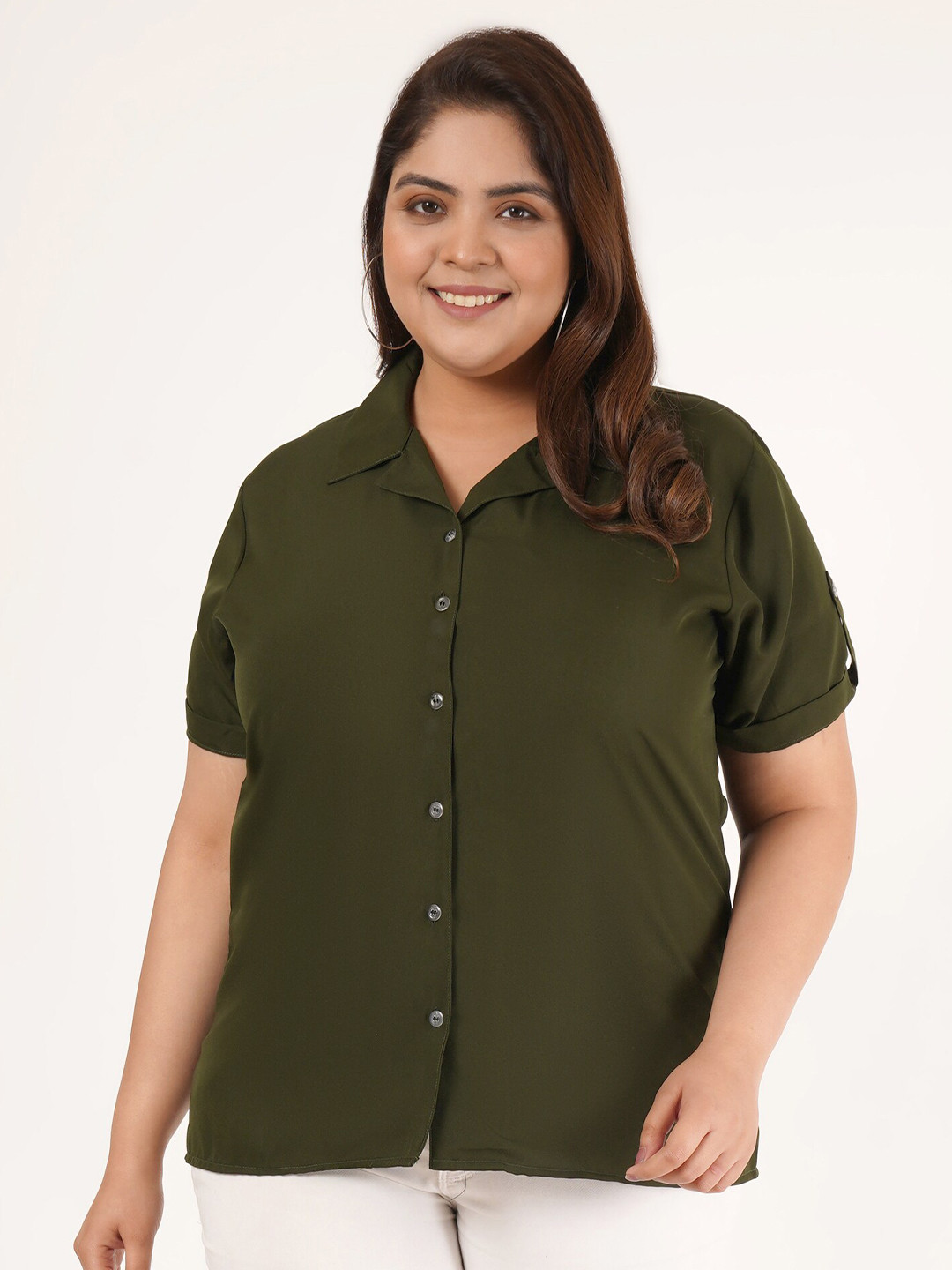 

Flambeur Plus Size Cuban Collar Roll-Up Sleeves Cotton Crepe Shirt Style Top, Olive