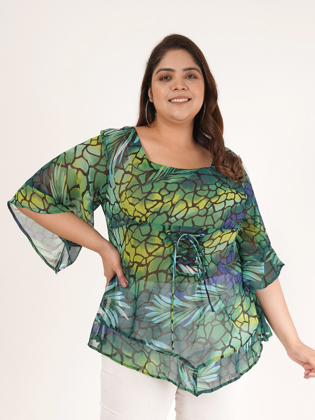 

Flambeur Tropical Printed Flared Sleeve Square Neck Cotton Georgette Top, Green