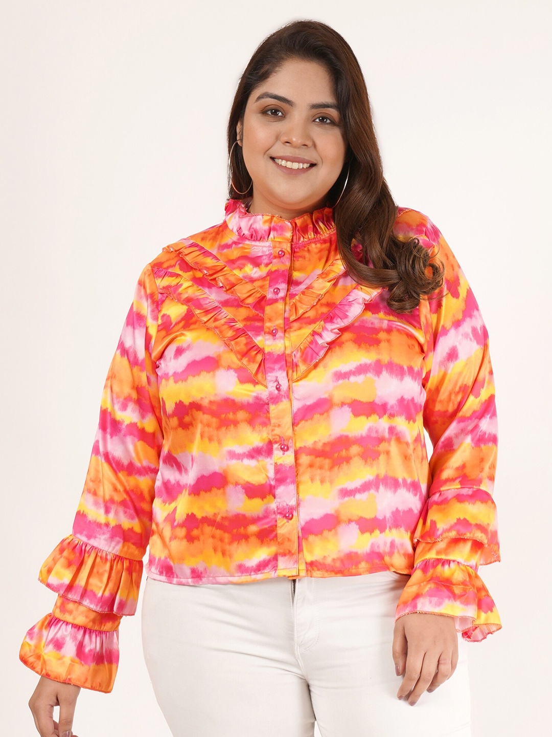 

Flambeur Plus Size Abstract Printed Mandarin Collar Bell Sleeves Satin Shirt Style Top, Orange