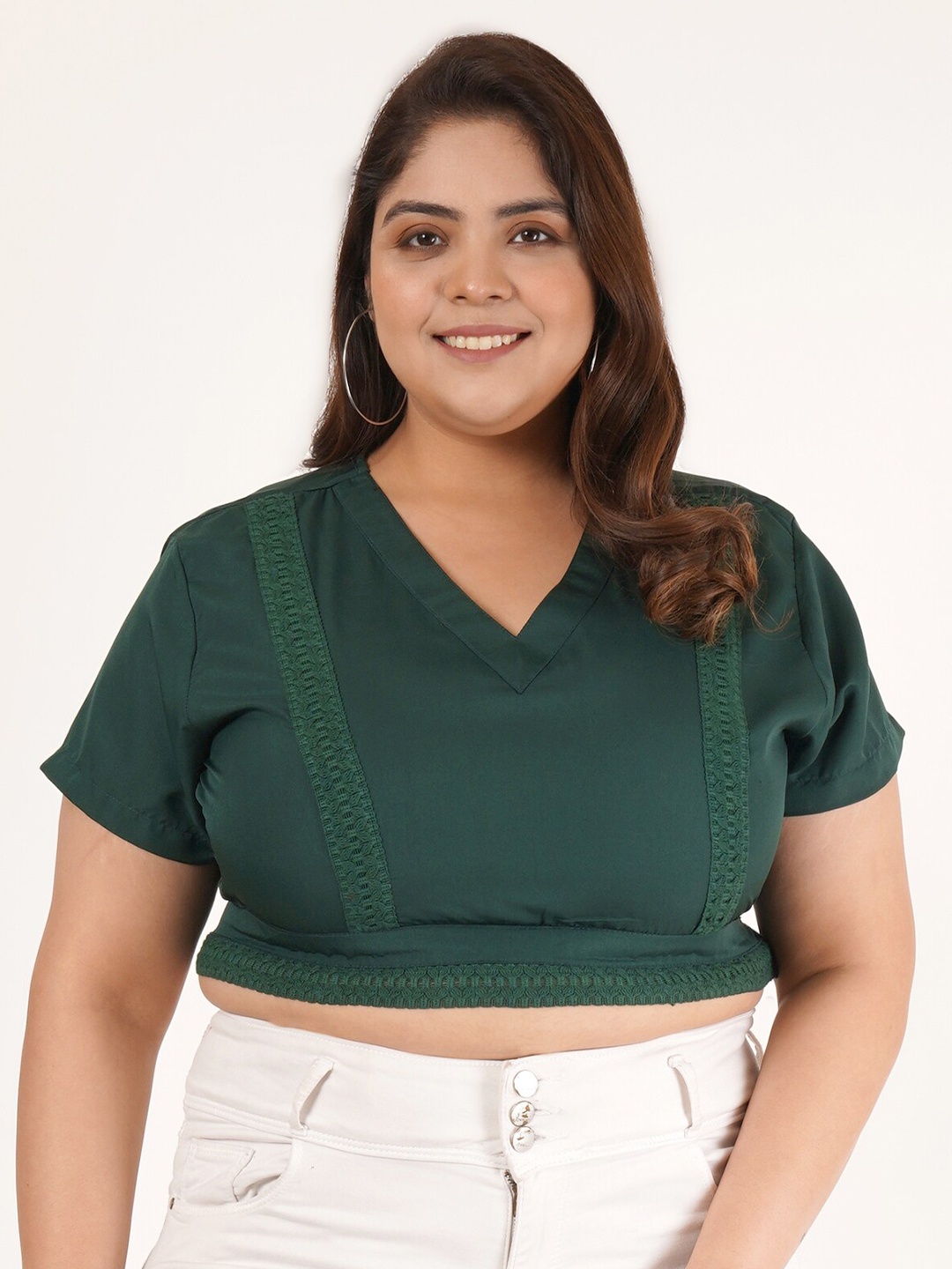 

Flambeur V-Neck Extended Sleeves Cotton Crop Blouson Top, Green