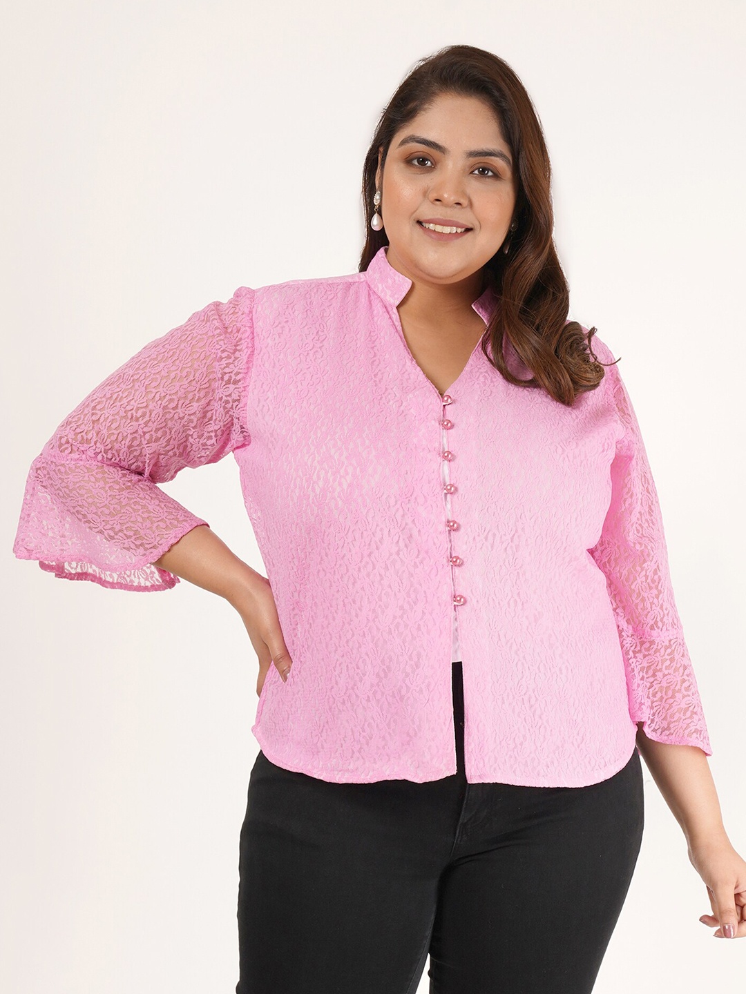 

Flambeur Self Design Mandarin Collar Three-Quarter Sleeves Net Shirt Style Top, Pink
