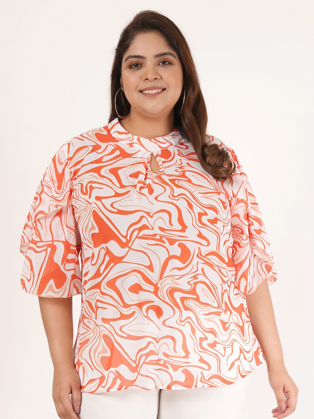 

Flambeur Plus Size Abstract Printed Cut Out Cotton Georgette Top, White