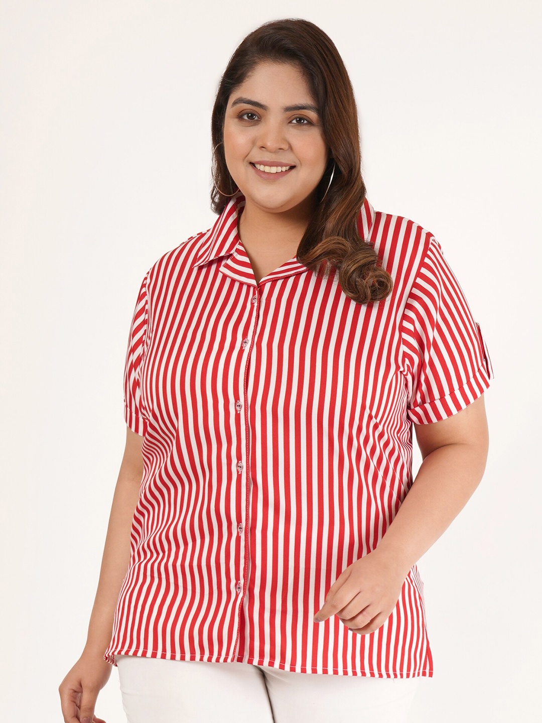 

Flambeur Plus Size Striped Roll-Up Sleeves Cotton Crepe Shirt Style Top, Red