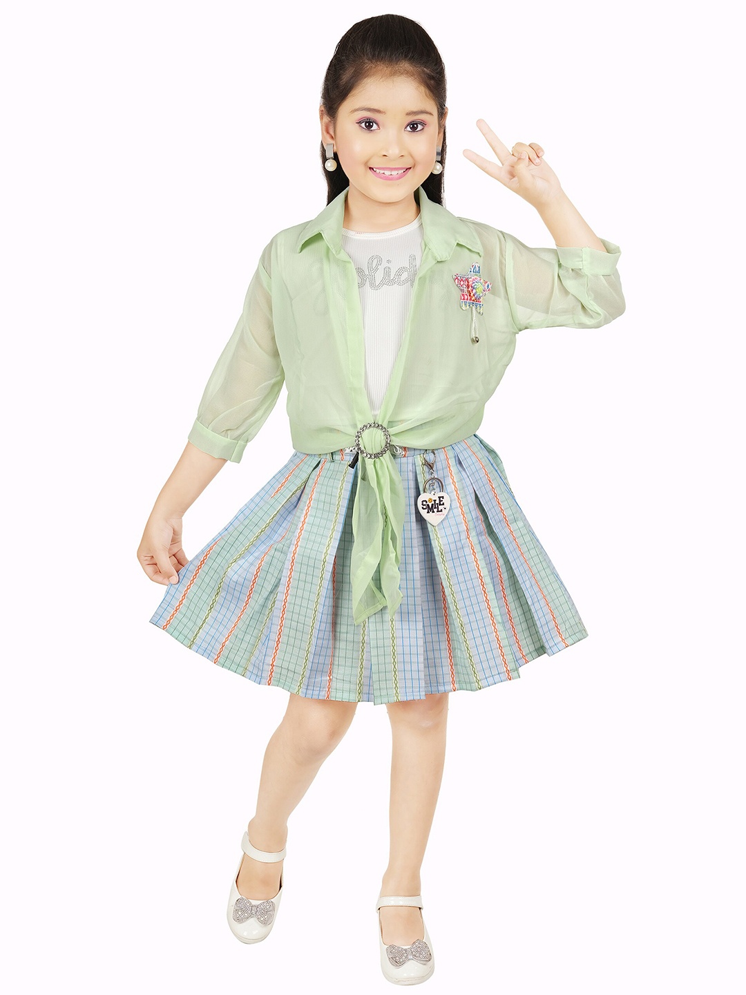 

CELEBRITY CLUB Girls Shirt Collar Embellished Top with Skirt, Green