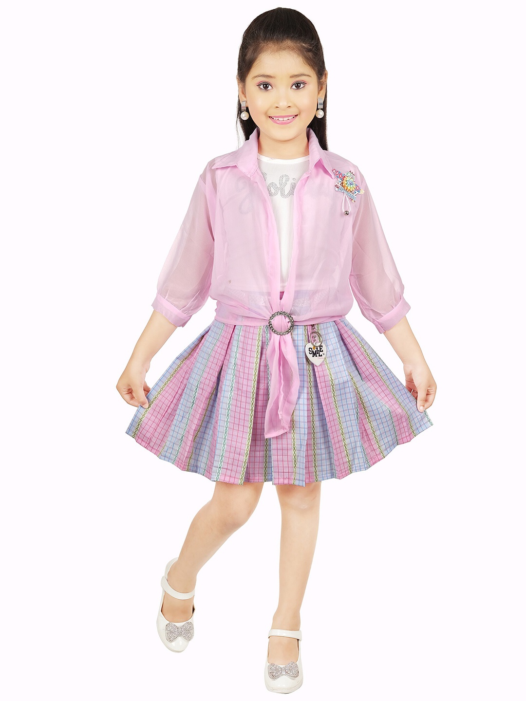 

CELEBRITY CLUB Girls Shirt Collar Embellished Top with Skirt, Pink