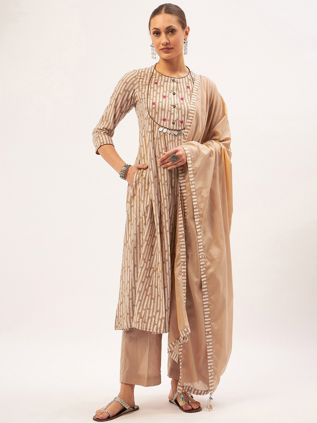 

STADO Printed Regular Kurta with Trousers & With Dupatta, Beige