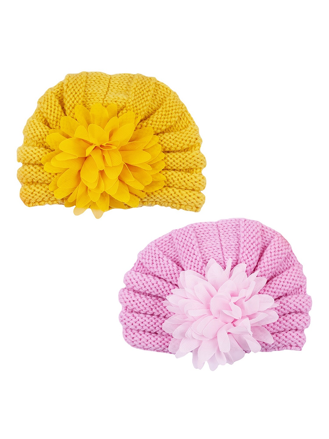 

Baby Moo Infants Pack of 2 Self Design Woollen Turban Caps, Yellow