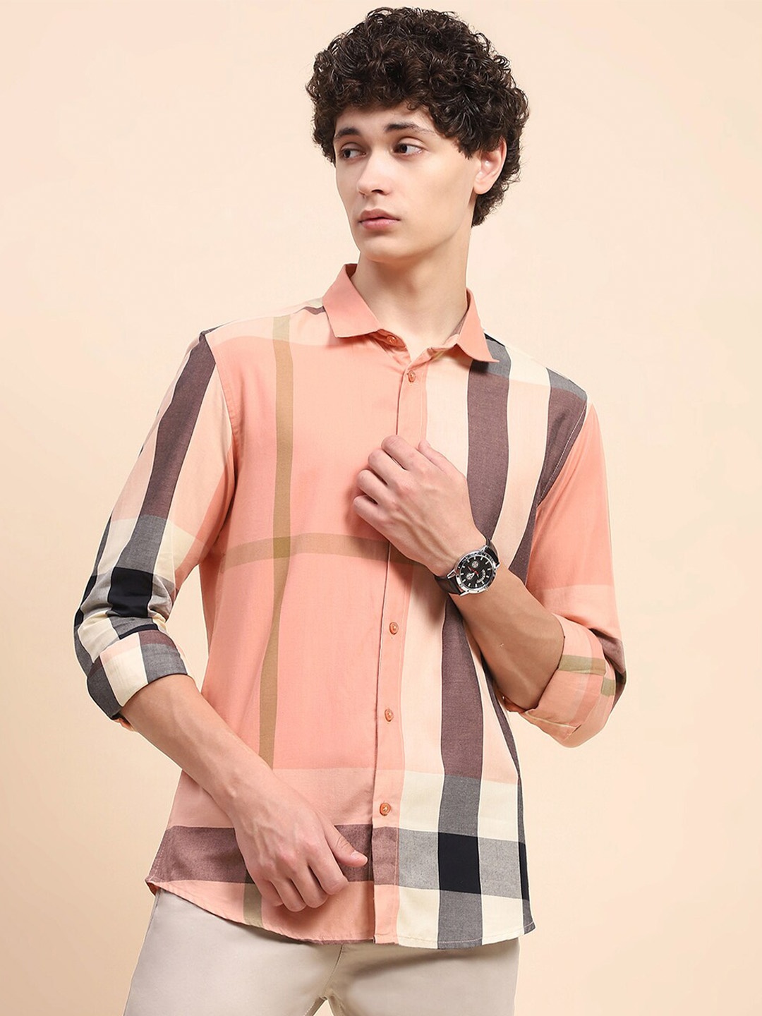 

CAMLA Vertical Striped Spread Collar Pure Cotton Casual Shirt, Peach