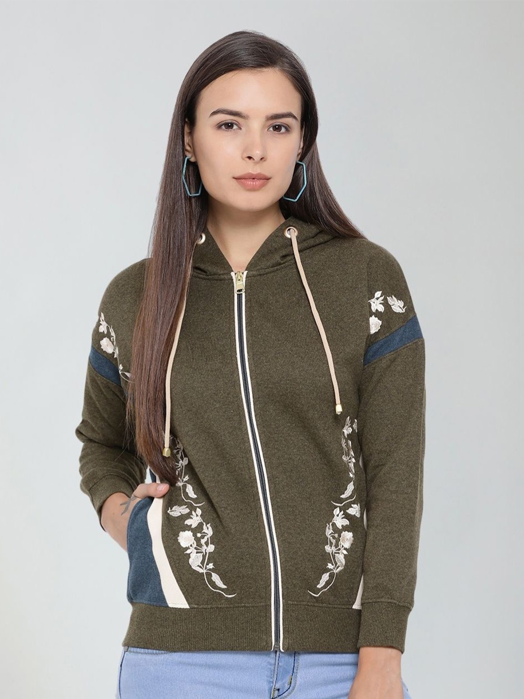 

Moda Elementi Floral Printed Hooded Sweatshirt, Olive