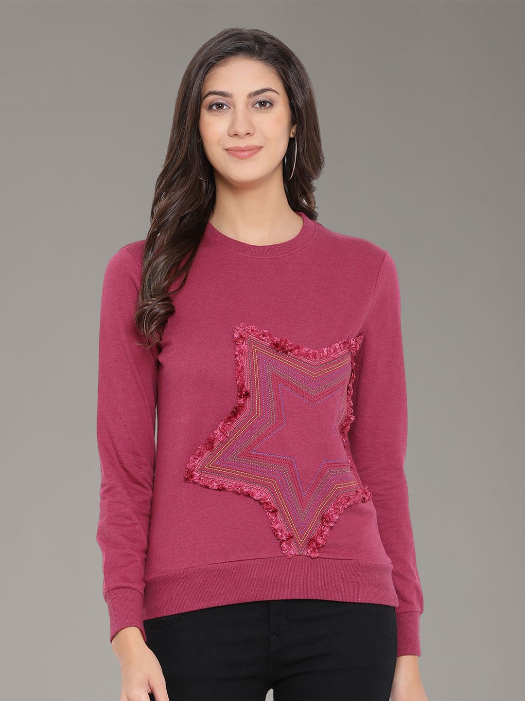 

Moda Elementi Self Design Embellished Sequined Sweatshirt, Maroon