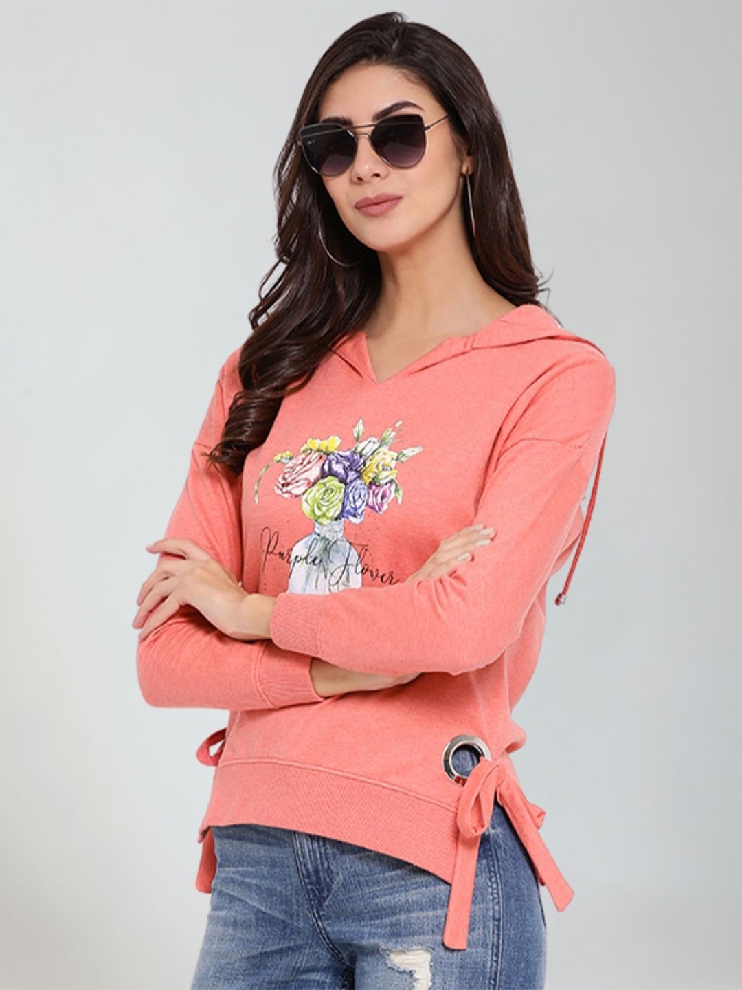 

Moda Elementi Floral Printed Hooded Sweatshirt, Peach