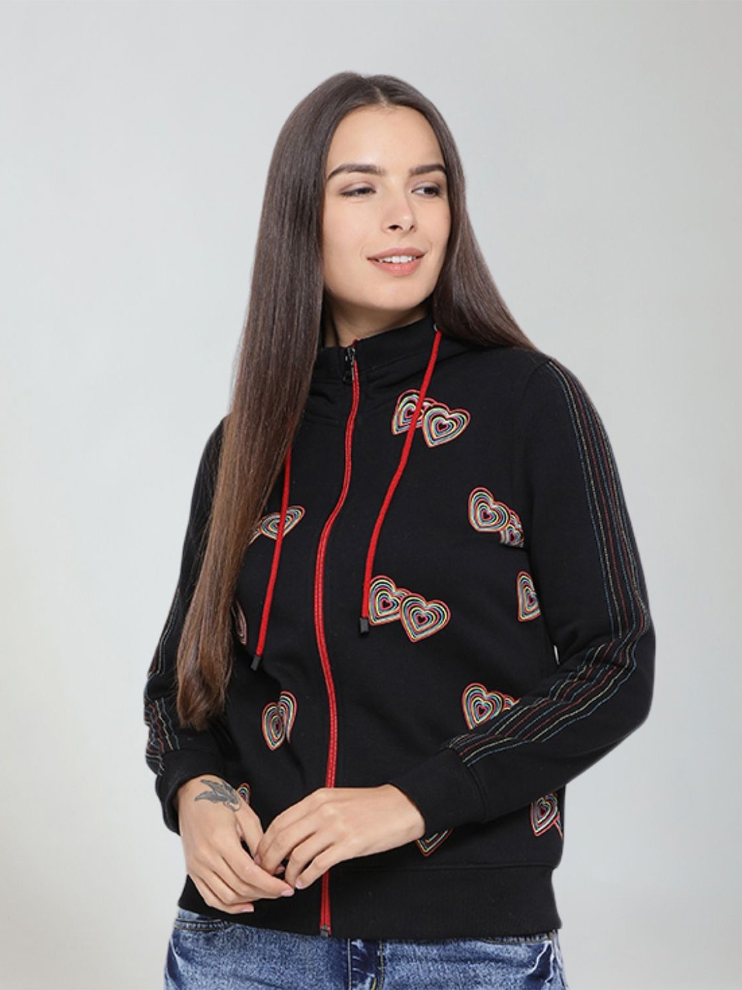 

Moda Elementi Conversational Embroidered Hooded Sweatshirt, Black
