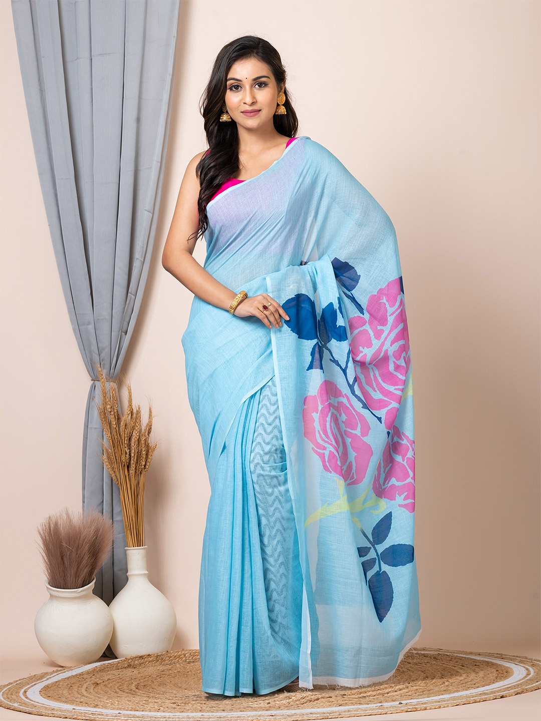 

HOUSE OF ARLI Floral Printed Pure Cotton Saree, Sea green