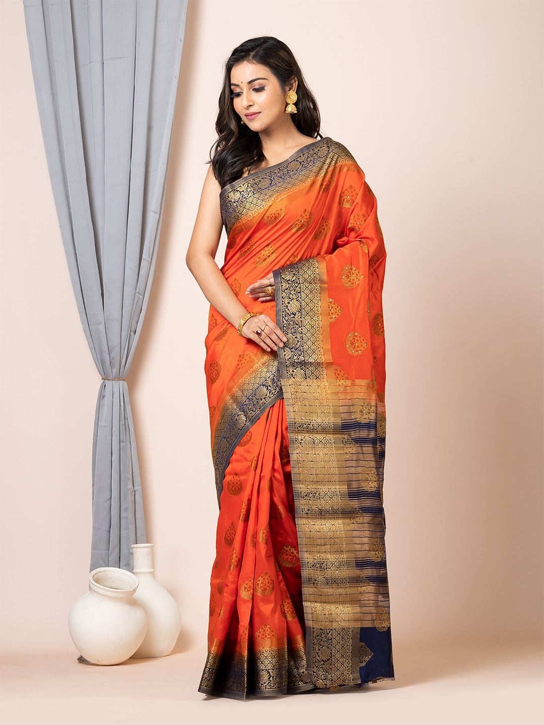 

HOUSE OF ARLI Floral Zari Pure Silk Saree, Orange