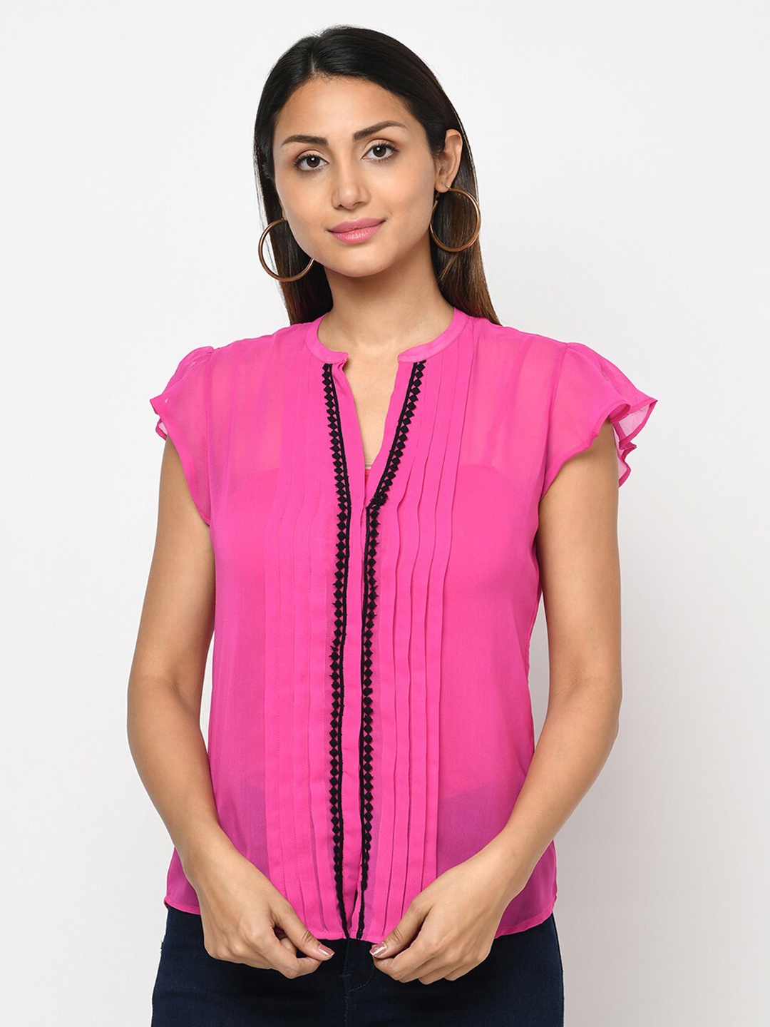 

Purple State Mandarin Collar Flutter Sleeve Georgette Top, Pink