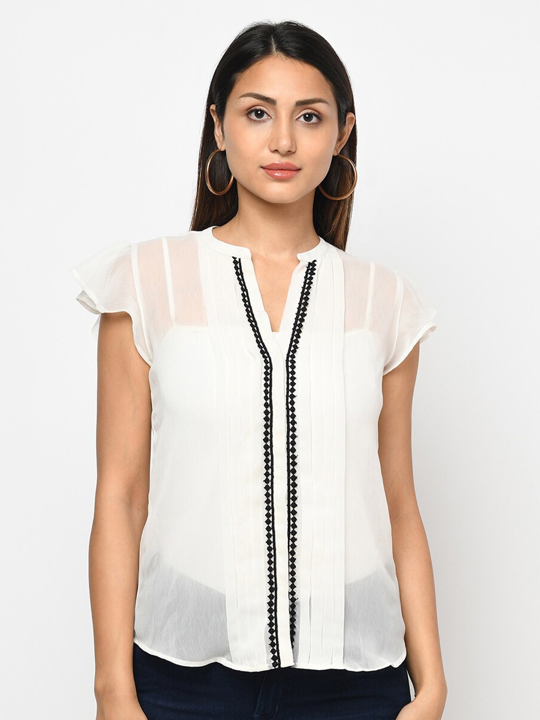 

Purple State Mandarin Collar Georgette Top, White