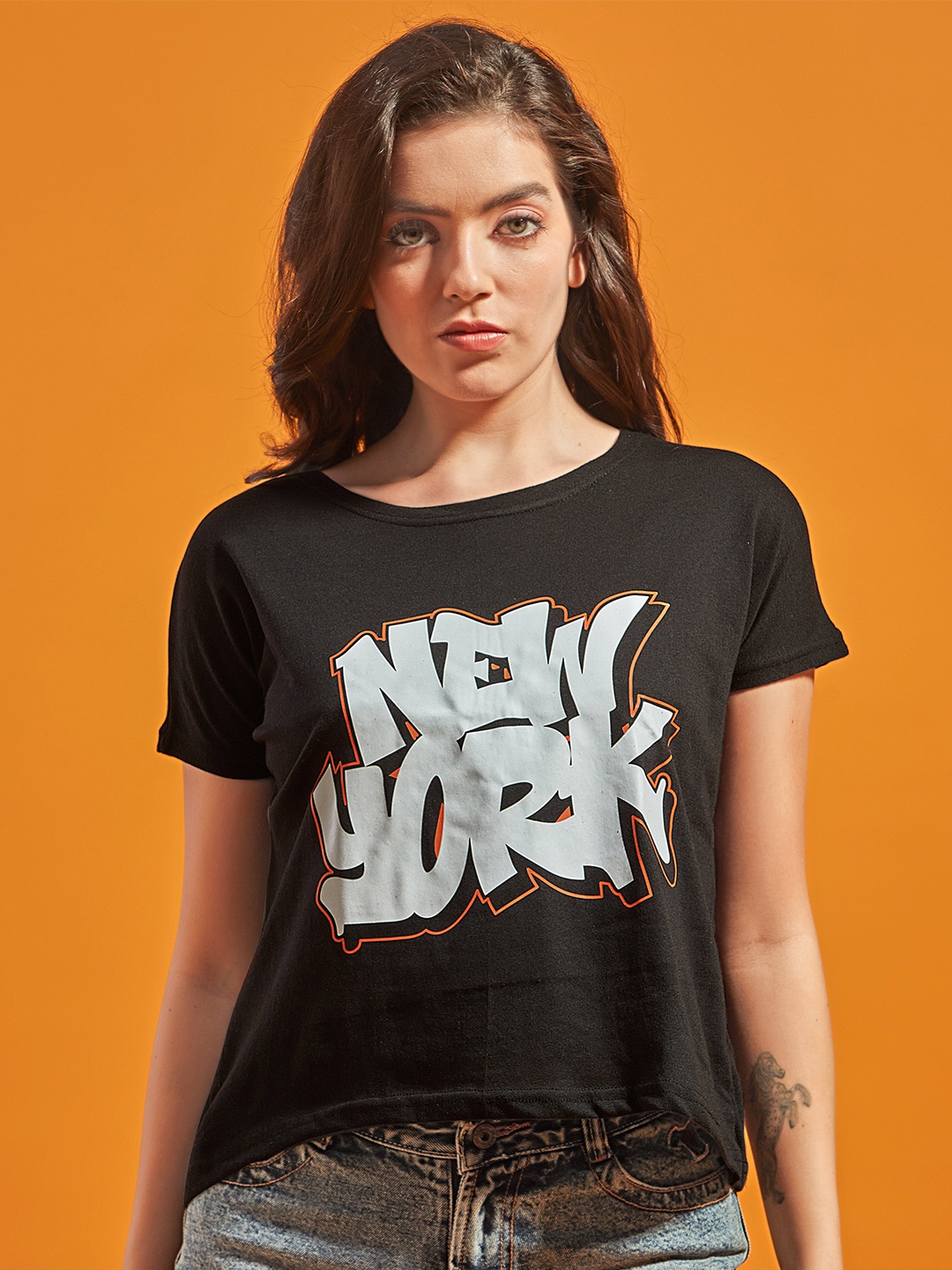

STHULAS Typography Printed Cotton T-shirt, Black