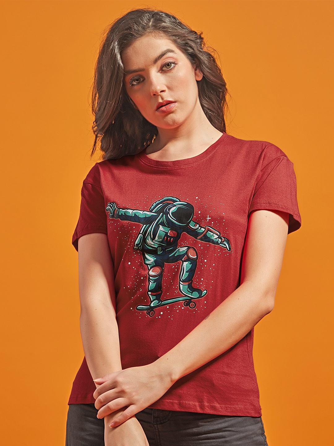 

STHULAS Round Neck Short Sleeves Graphic Printed Regular Fit Cotton T-shirt, Maroon