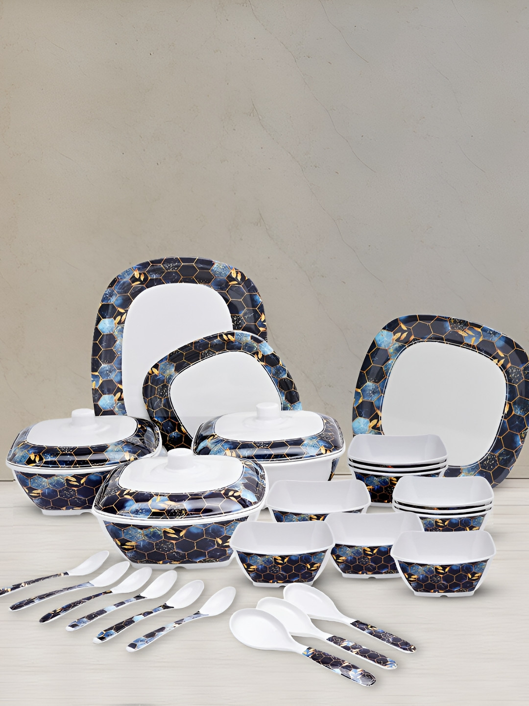 

Bataniya Blue & White 40Pcs Floral Printed Melamine Dishwasher Safe Glossy Dinner Set