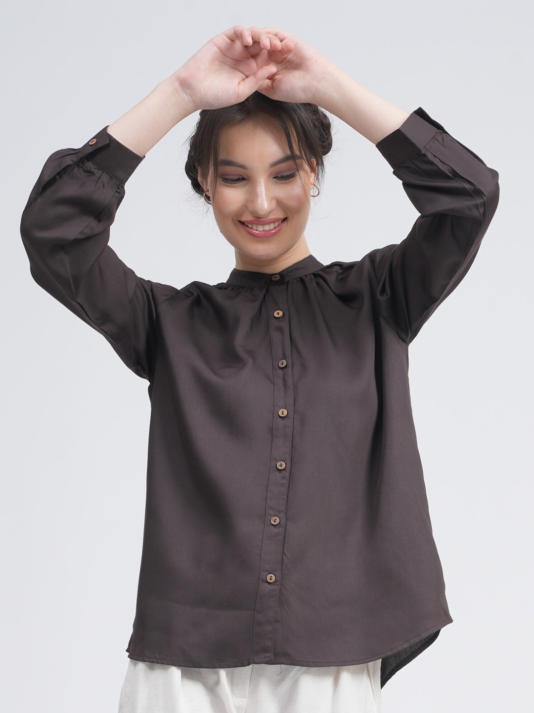 

Saltpetre Classic Band Collar Organic Cotton Casual Shirt, Coffee brown