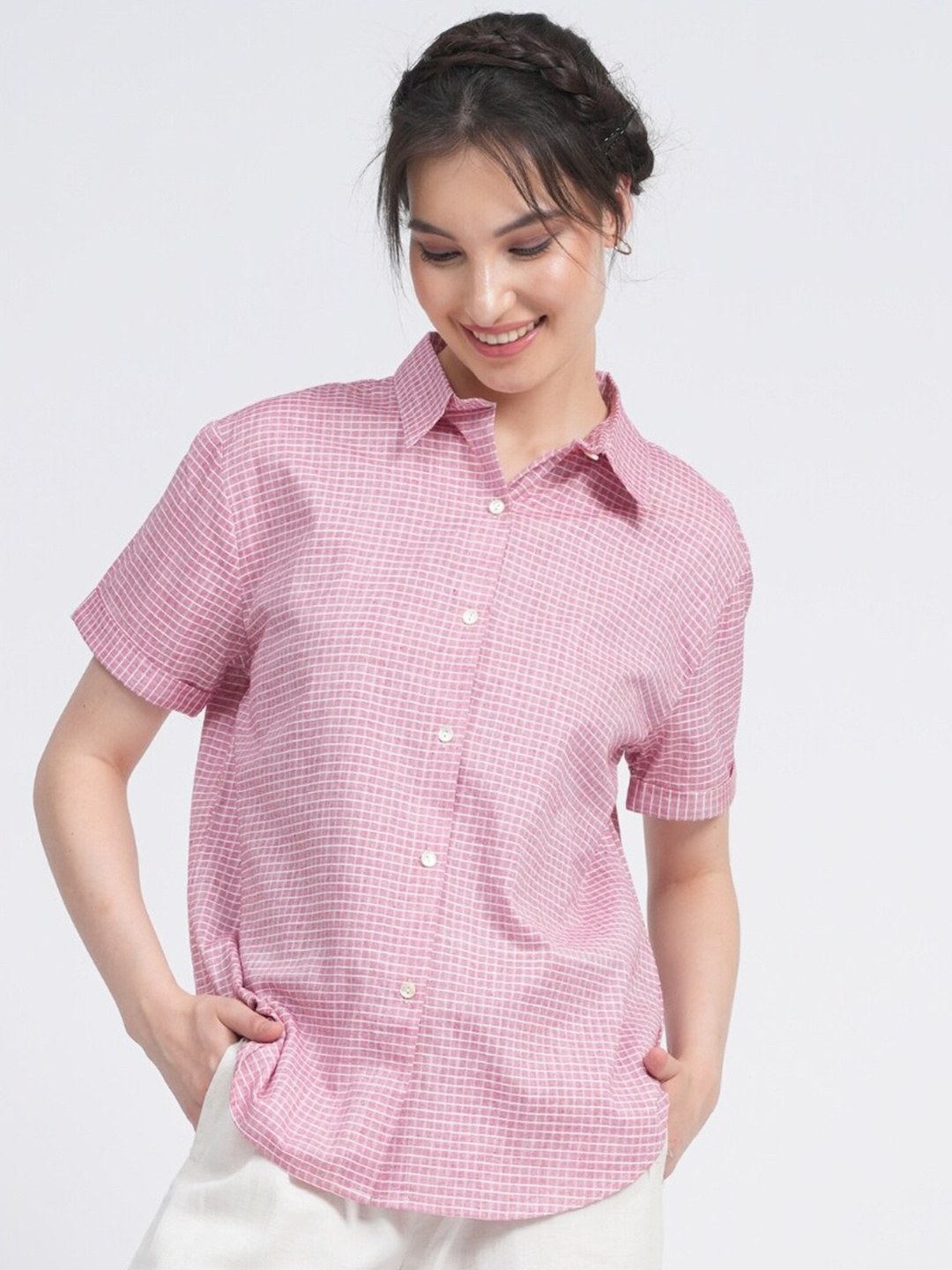 

Saltpetre Relaxed Micro Checked Short Sleeves Pure Organic Cotton Formal Shirt, Pink