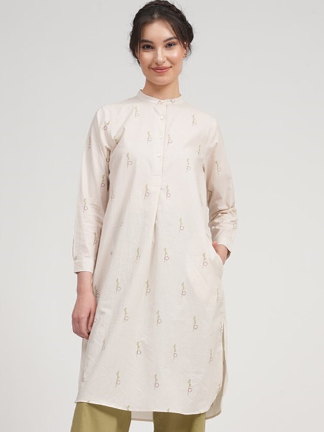

Saltpetre Printed Mandarin Collar Organic Cotton Tunics, Cream