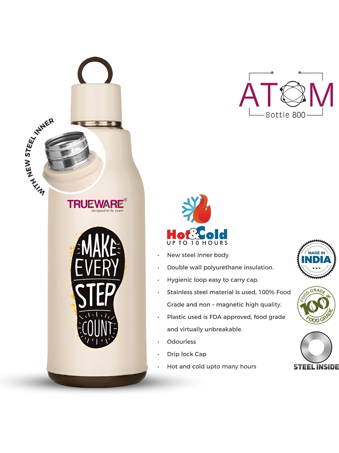 

Trueware Off White Stainless Steel Water Bottle 680 ml
