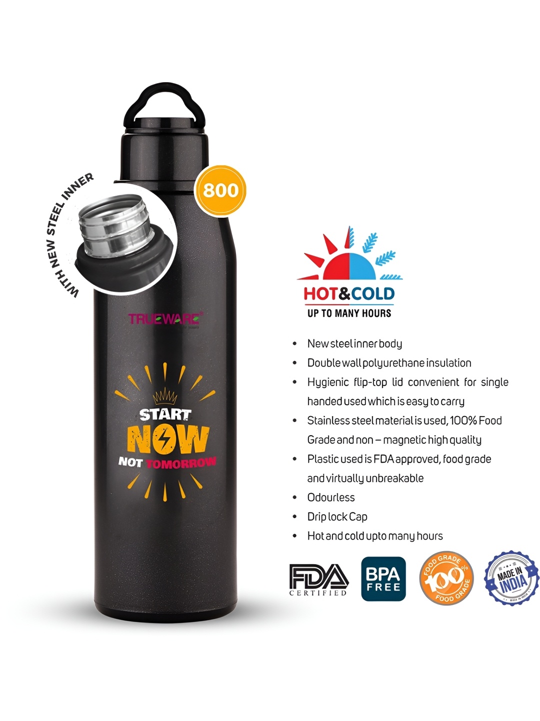

Trueware Black Stainless Steel Water Bottle 570ml