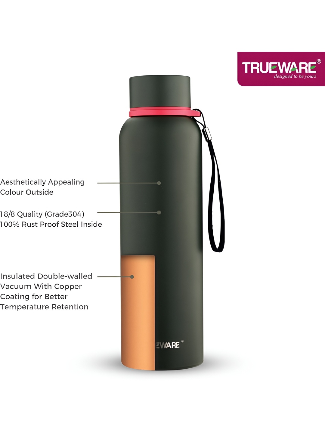 

Trueware Black Stainless Steel Flask Water Bottle 850 ml