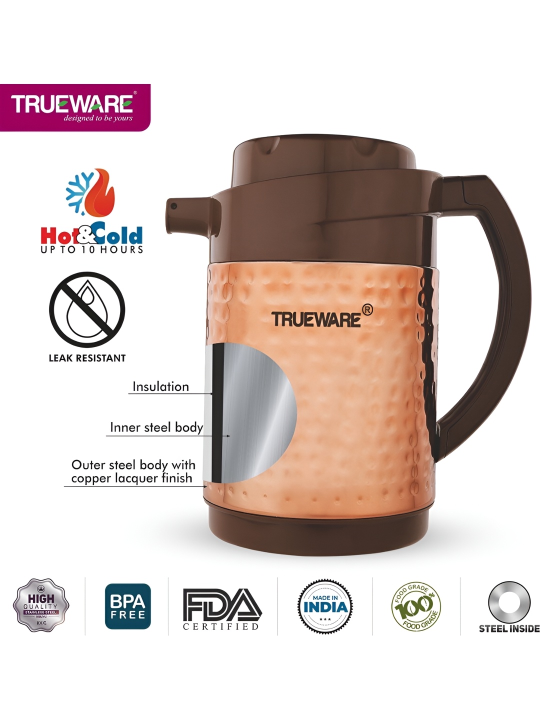 

Trueware Copper-Toned Stainless Steel Flask Water Bottle 750 ml