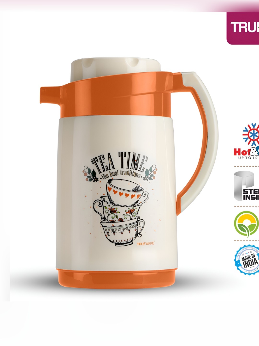 

Trueware White & Orange Flask Water Bottle 1 Ltr