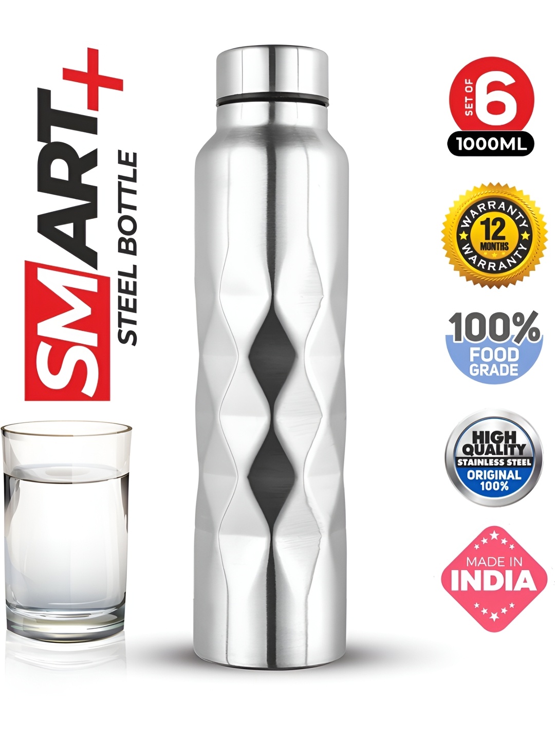 

Trueware Silver Toned 6 Pieces Stainless Steel Regular Water Bottle 1 Ltr