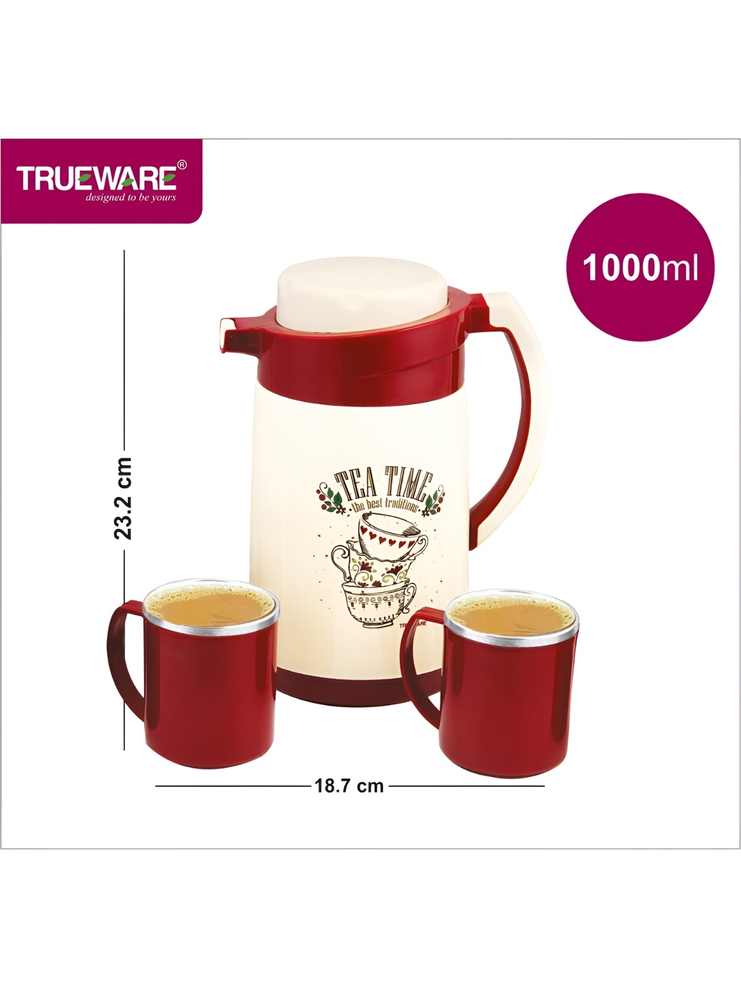 

Trueware Red 7 Pcs Flask Water Bottle With Mugs 1 ltr