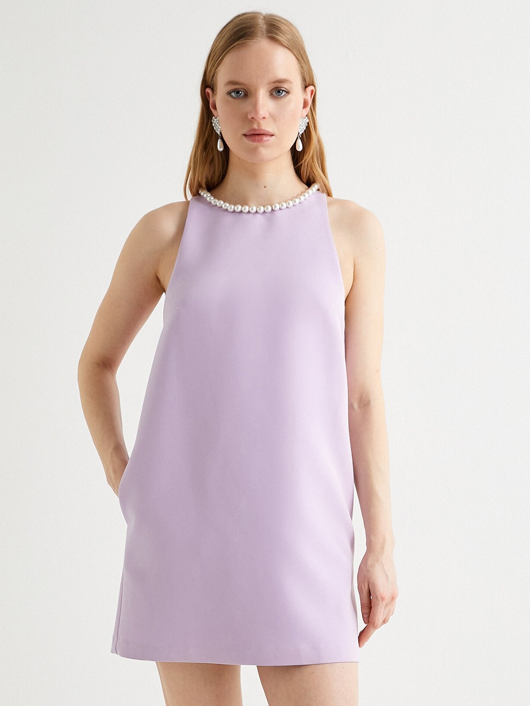 

Koton Round Neck A-Line Mini Dress, Purple