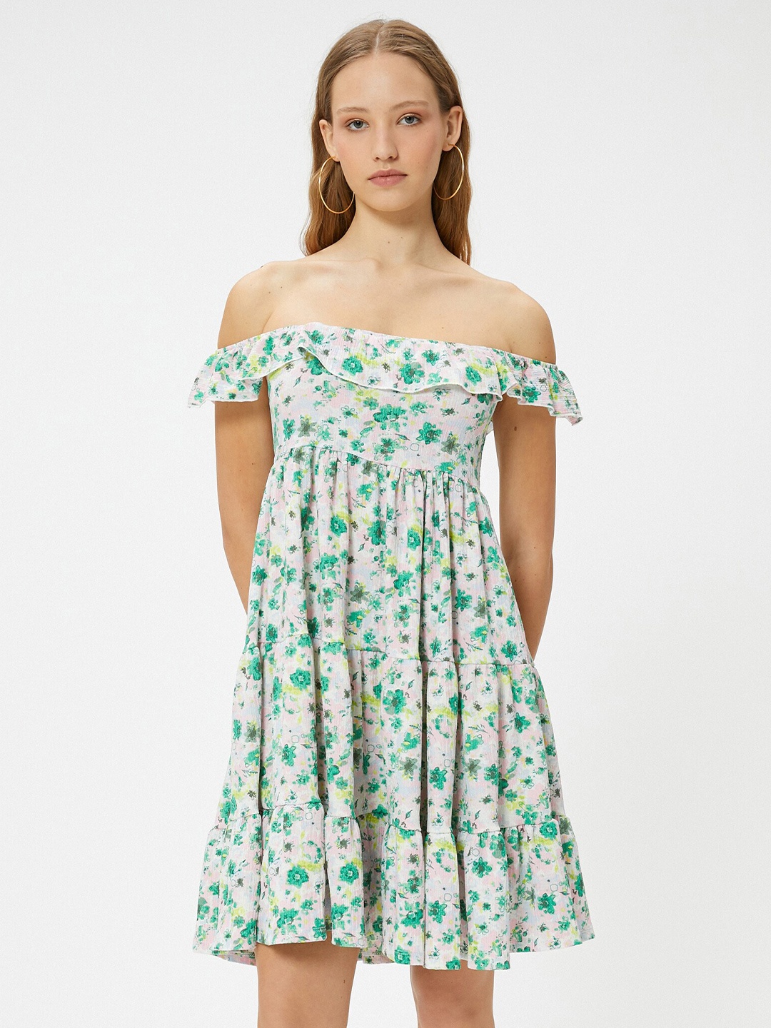 

Koton Floral Printed Off-Shoulder Fit & Flare Dress, Pink