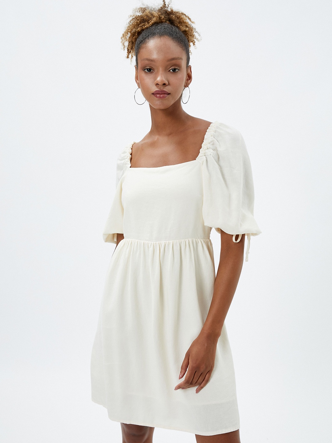 Koton Square Neck Puff Sleeves Linen Fit & Flare Dress, Beige