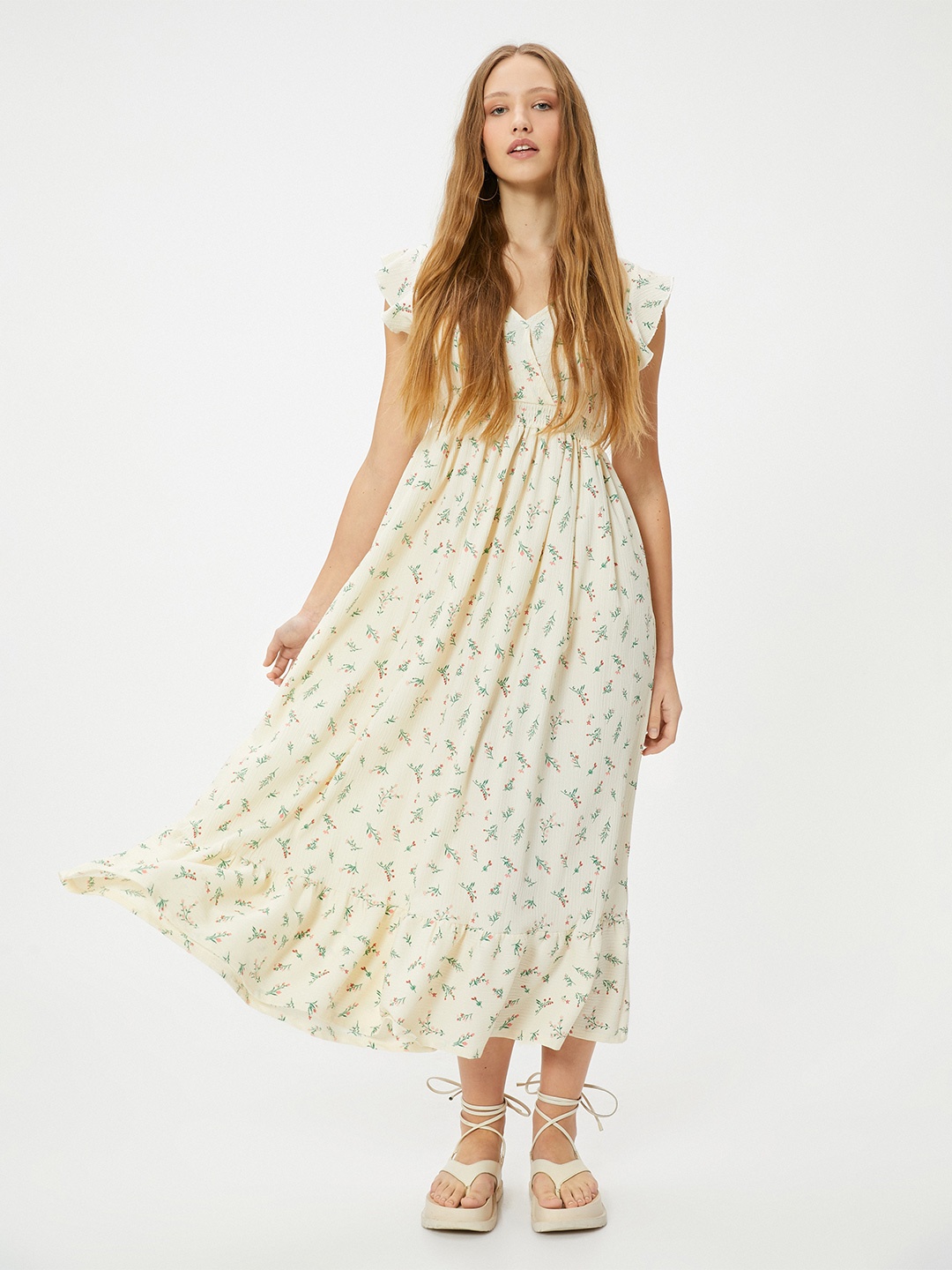 

Koton V Neck Flutter Sleeves Floral Print A-Line Maxi Dress, Beige