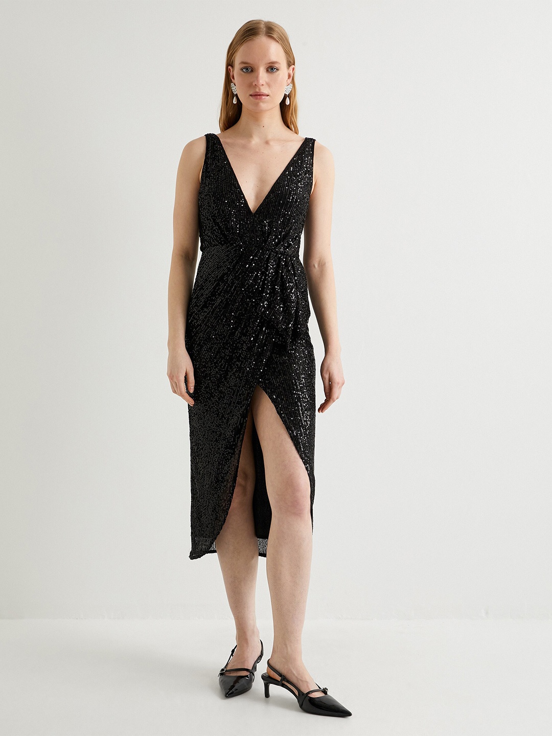 

Koton Embellished Sleeveless Wrap Dress, Black