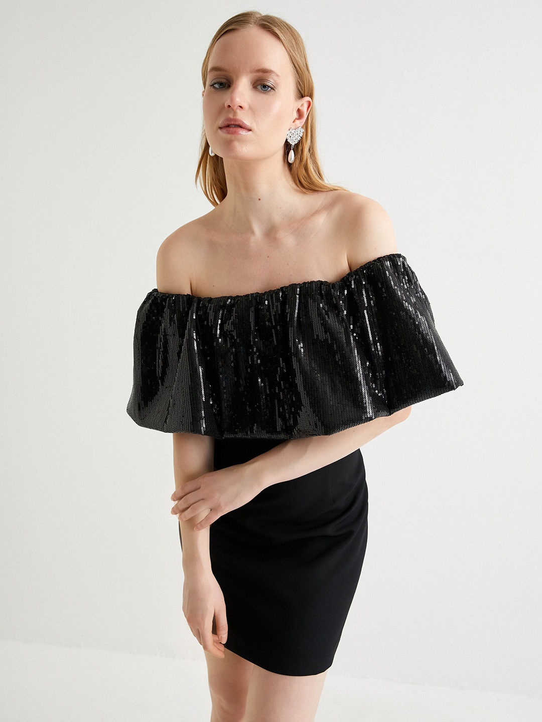 Koton Off-Shoulder Bodycon Mini Dress, Black