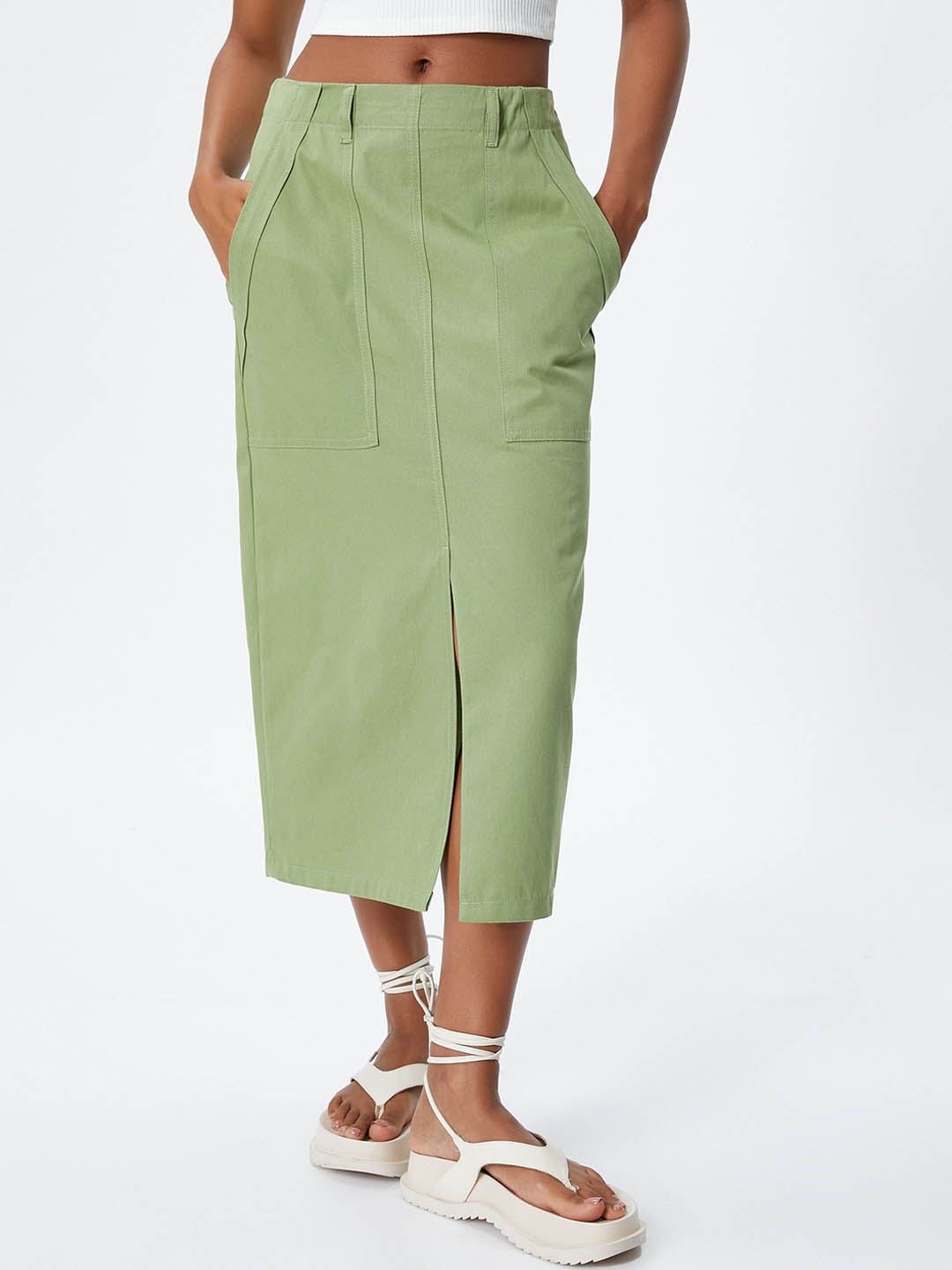 

Koton Pure Cotton Straight Midi Skirt, Green