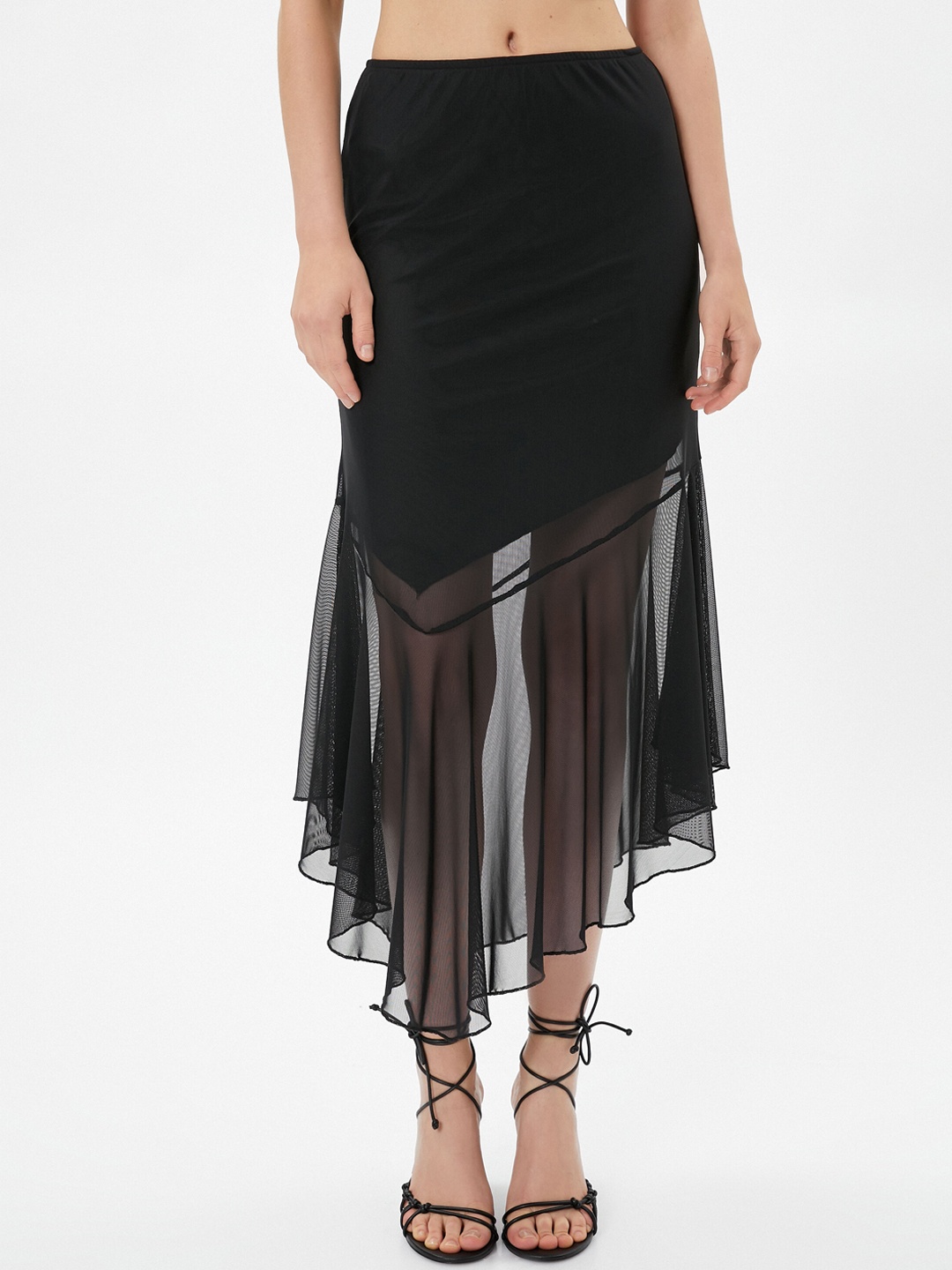 

Koton Sheer-Hem Asymmetric A-Line Midi Skirt, Black